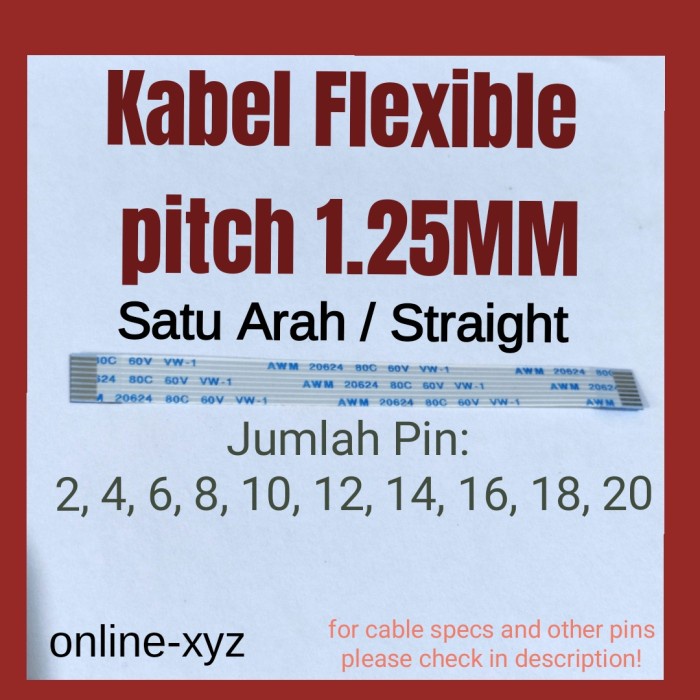 kabel Flexible Satu 1 Arah Pitch 1.25MM 4 8 10 12 14 16 Pin ffc fpc ribbon searah straight 1,25 1.25