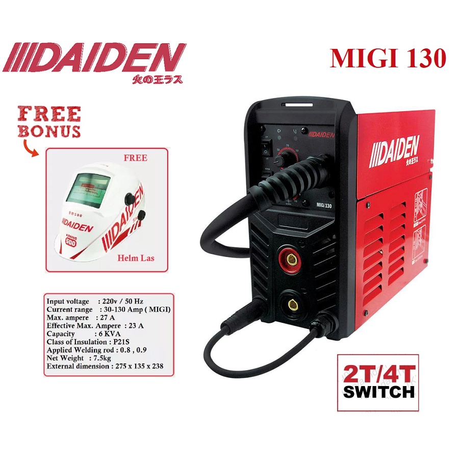 Mesin Las / Trafo Las Listrik MIG DAIDEN IGBT MIGi 130 2T 4T Welding Machine Mesin Las DAIDEN MIGi 130 Travo Inverter Mig Tanpa Gas Gasles Travo Las Inverter Las CO2 Core GasLess SS Besi Stainless Trafo Las