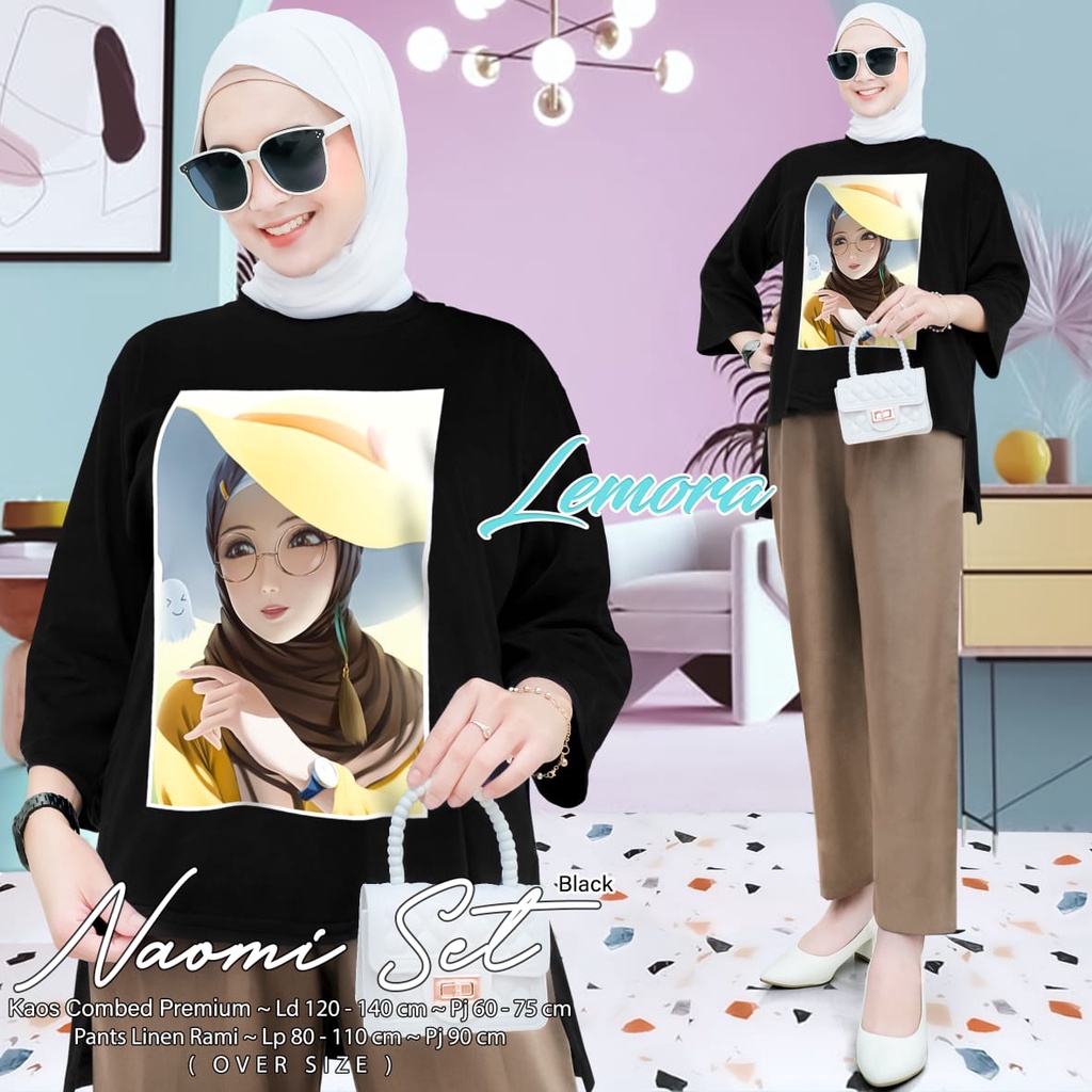 NAOMI SET BY LEMORA / SETELAN KAOZ COMBAD OVERSIZE MIX LINEN PREMIUM / ORI BEST SELLER