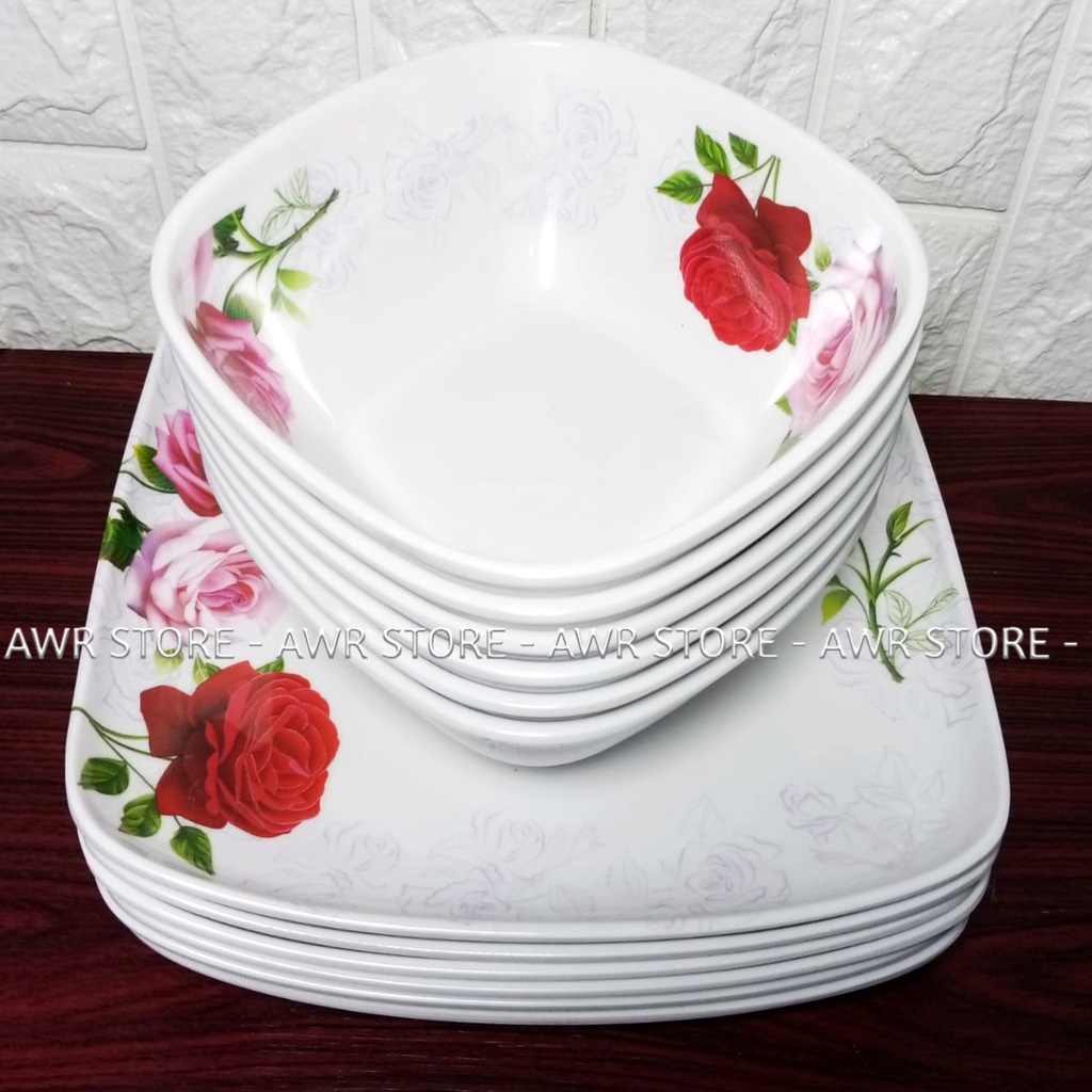 1 SET ISI (6PCS) PERALATAN MAKAN ISI 3PIRING PERSEGI 3MANGKUK MELAMIN ASLI SINGA SINGI TEBAL TAHAN LAMA DIAMETER PIRING 23CM UKURAN MANGKUK M - PIRING SAJI SEBAGUNA - PIRING HIAS-1