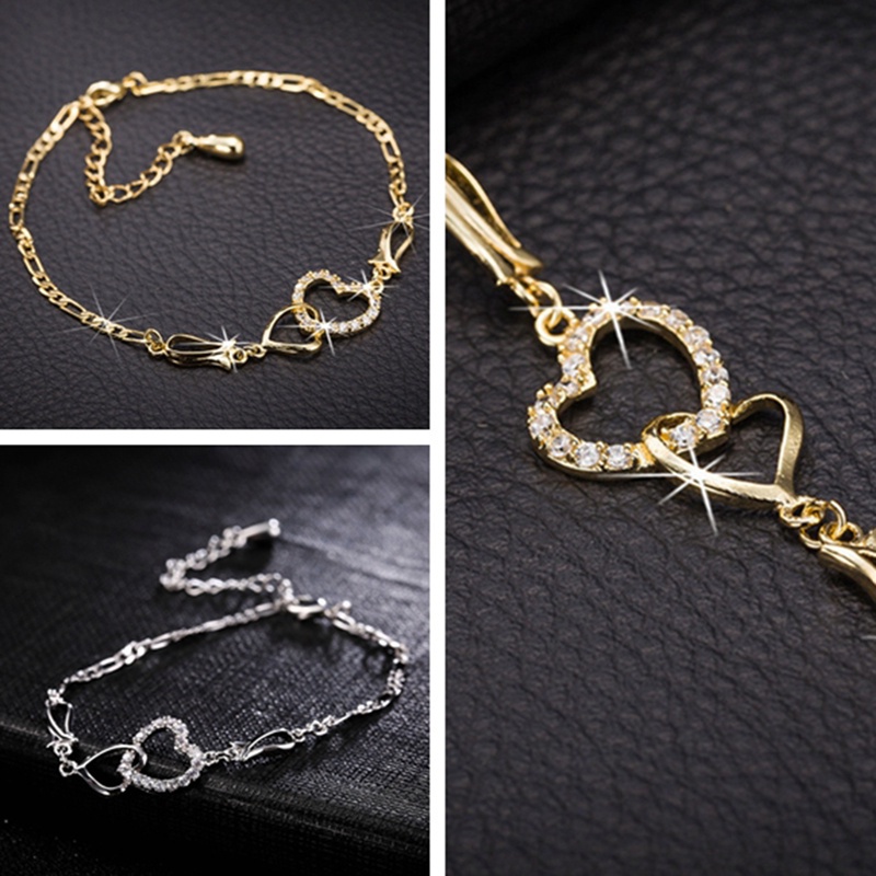 Fancyqube Gelang Kaki Rantai Emas 14k Desain Dua Hati Hollow Hias Berlian Gaya Klasik Untuk Wanita