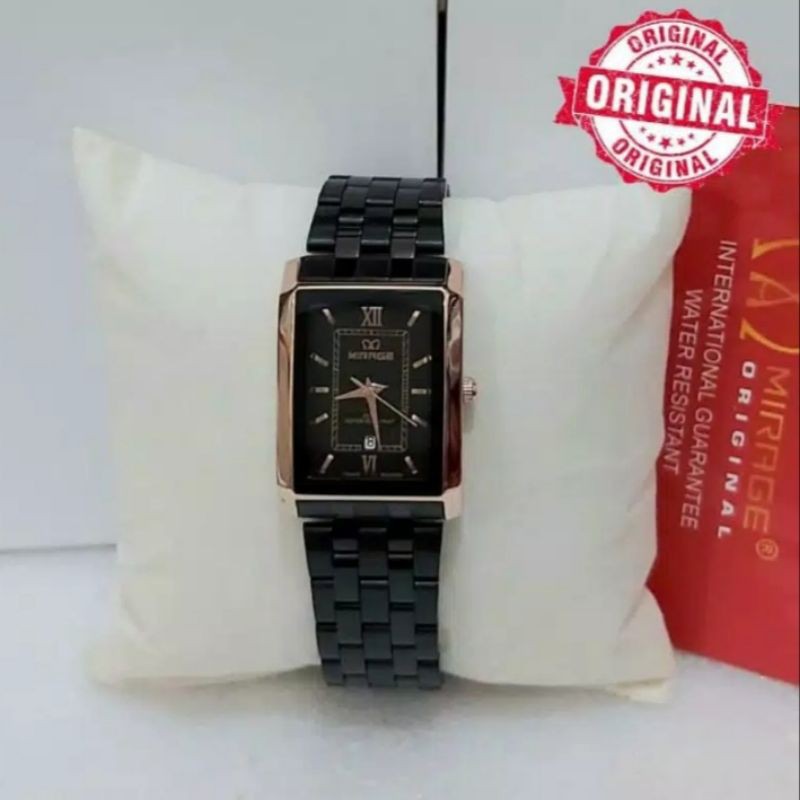 jam tangan wanita;MIRAGE M8577BSP-Msegi hitam rosegold~ORIGINAL WATER RESISTANT~TGL~STAINLEES
