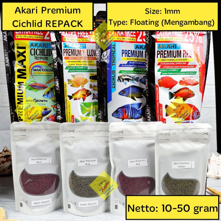 Pelet Akari Premium BLUE RED YELLOW MAXI Cichlid Louhan pro Repack Mini Floating chana 10 25 50 gram