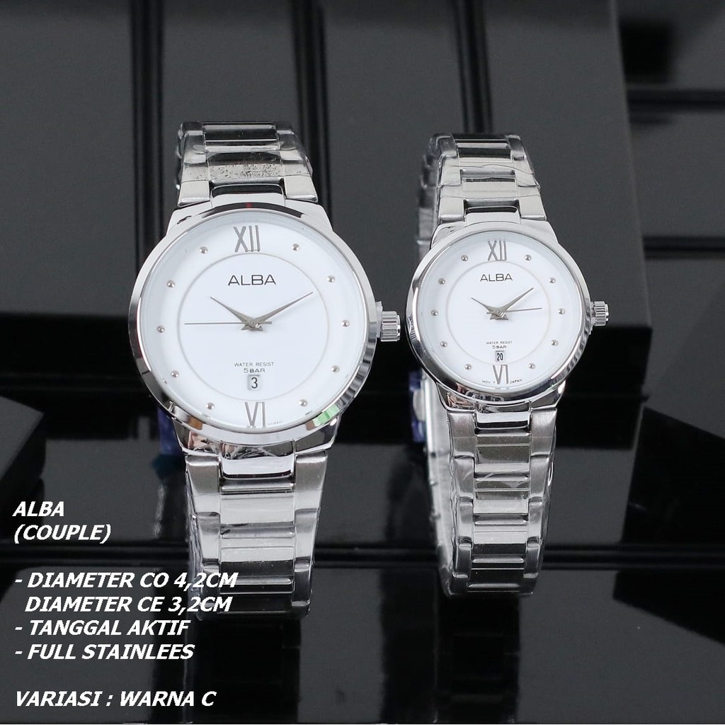 JAM TANGAN COUPLE ALBA RANTAI BODY BULAT DIAMOND TANGGAL AKTIF