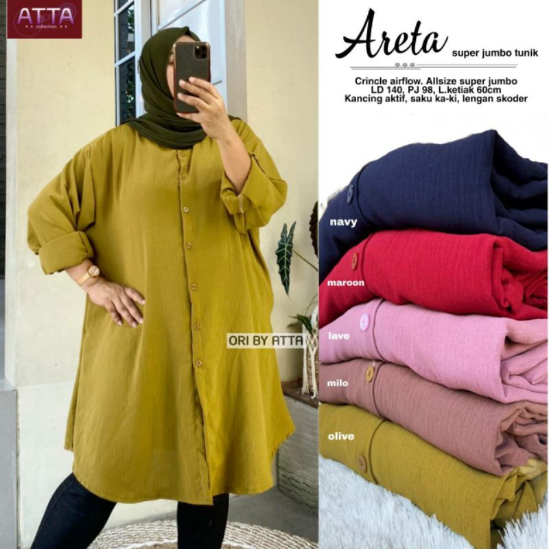 ARETA SUPER JUMBO TUNIK ATTA / ARETA 1 2 TUNIK KATUN CRINCLE BIGSIZE ATASAN OVERSIZE LD140 LD 160