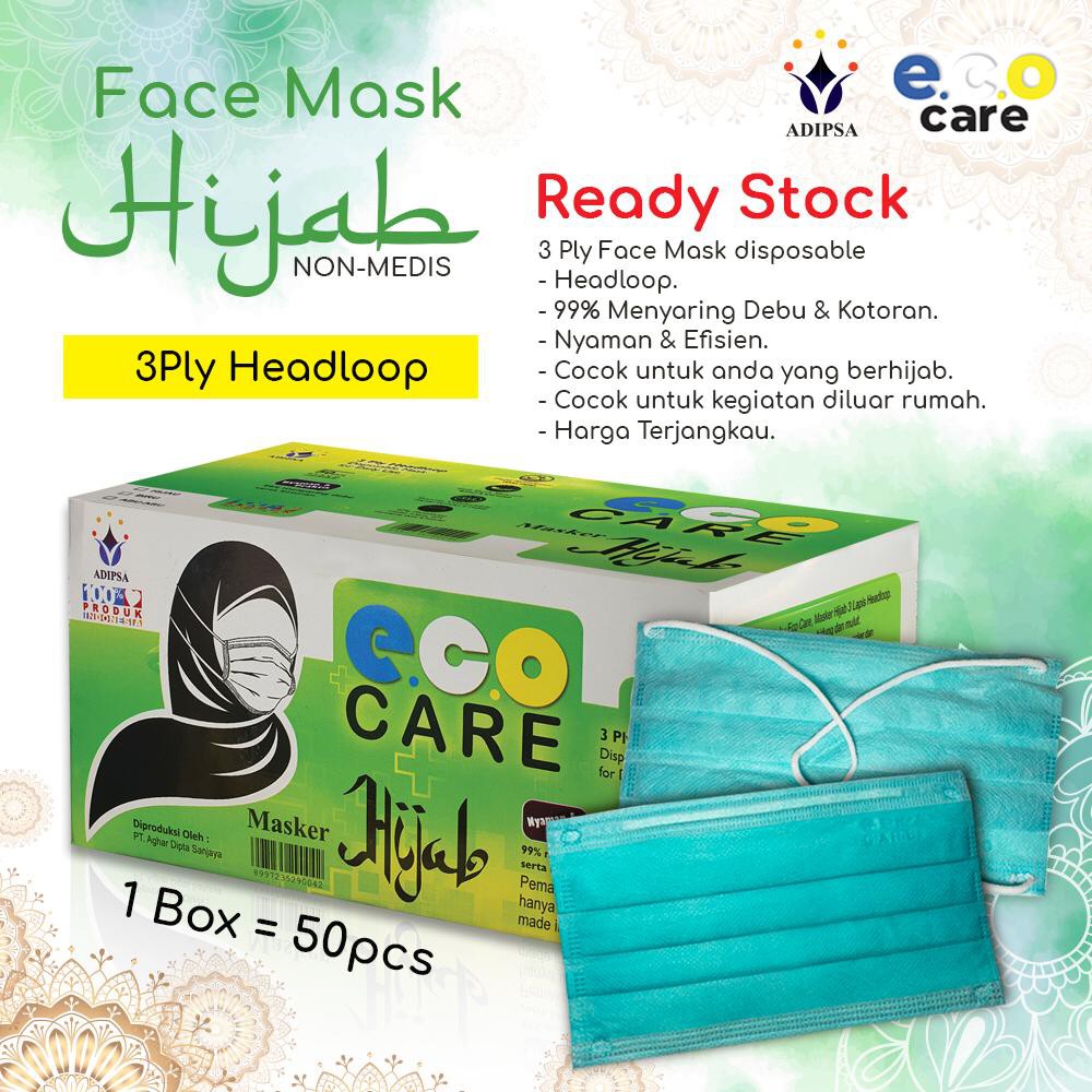 MASKER HIJAB | MASKER non-MEDIS  | MASKER 3 PLY | ECO CARE | 50 PCS l HEADLOOP