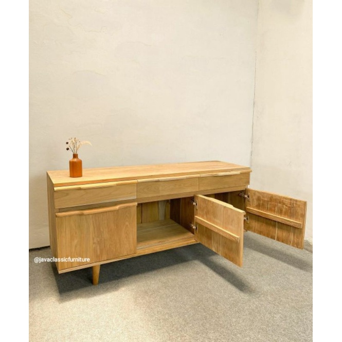 BUFET RETRO MINIMALIS PINTU LACI KABINET TEMPAT TV PAJANGAN DRAWER UKURAN 150x45x70cm BAHAN KAYU JATI TPK PERHUTANI FINISHING BLEACHING DOFF FURNITURE JEPARA-1
