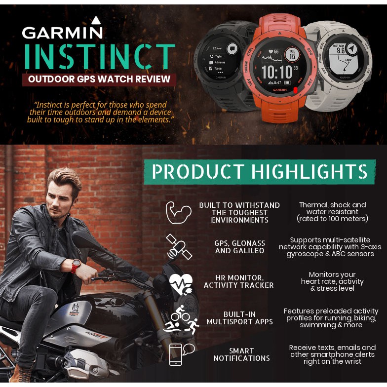 Garmin Instinct Smartwatch Outdoor GPS Watch Mil Spec Rugged Hiking Gunung Trail Trekking