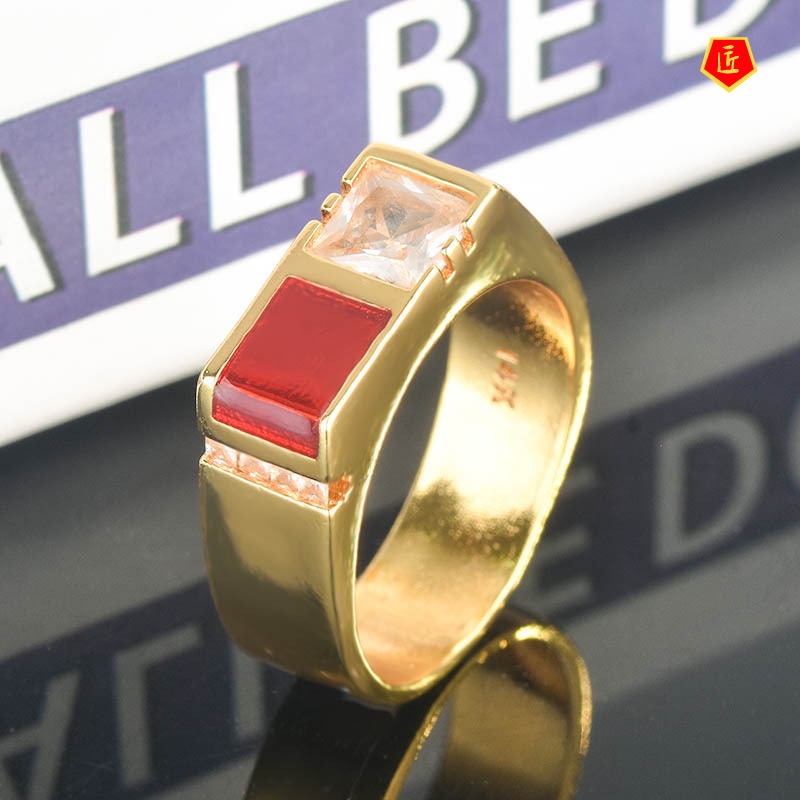 [Ready Stock]14K Gold Geometric Ring Fashion Inlaid Square Diamond