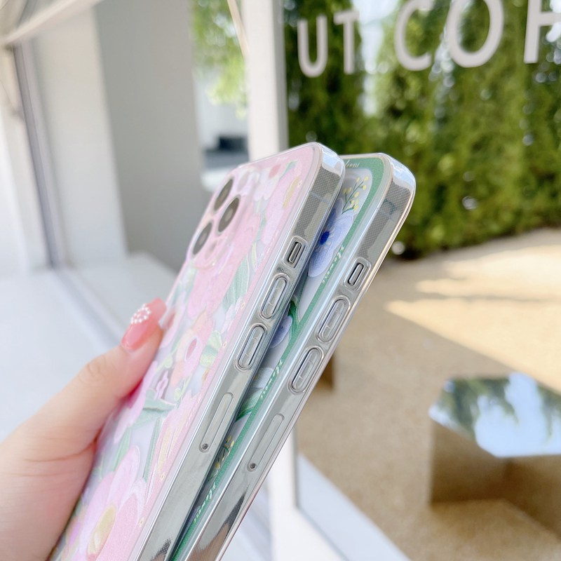 Pink &amp; Blue Beautiful Flowers Soft Case HP iP iPhone 11 12 13 Pro Max Mini 6 6S 7 8 + Plus SE 2020 X XR XS Max Fashion Clear Casing Apple