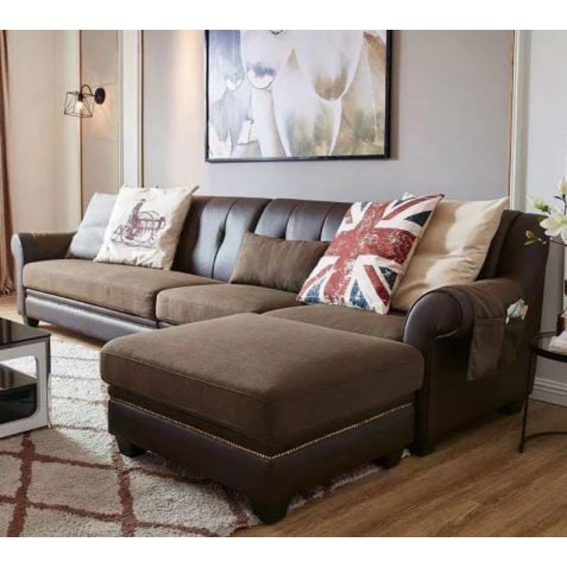 IDEA - Sofa L Modern Bahan Kain Mix Kulit Kualitas Dijamin Ok