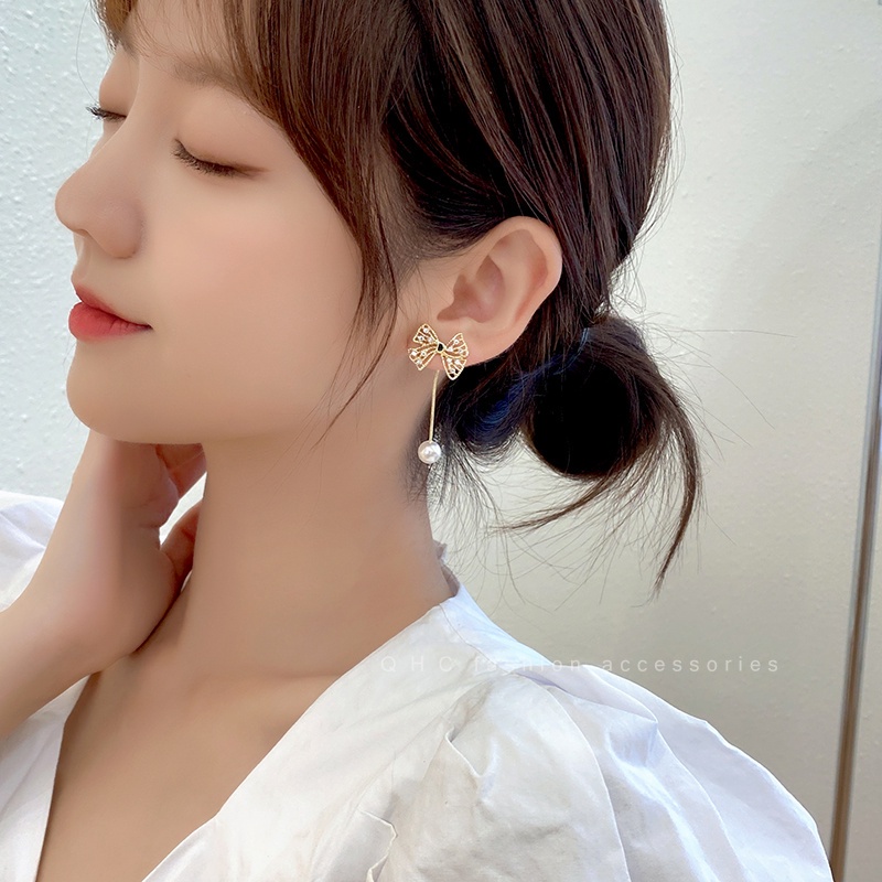 Anting Busur Berlian Berkilau Mutiara Berpohon Elegan Untuk Wanita Aksesoris Telinga Korea