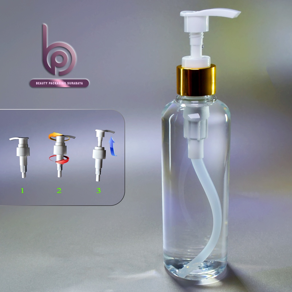 Botol plastik PET 250ml BR bening tutup pump lotion gold