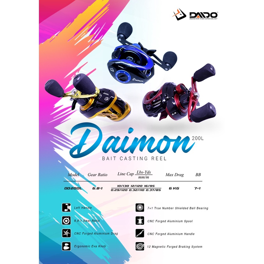 Reel Pancing BC BaitCasting Daido Daimon 200L (7+1 Bearing) 6.8:1 Handle kiri Drag 6kg Murah - Engkus Fishing