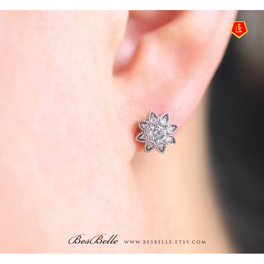 [Ready Stock]Flower Micro Inlaid with Diamond 925 Silver Stud Earrings Female Fashion