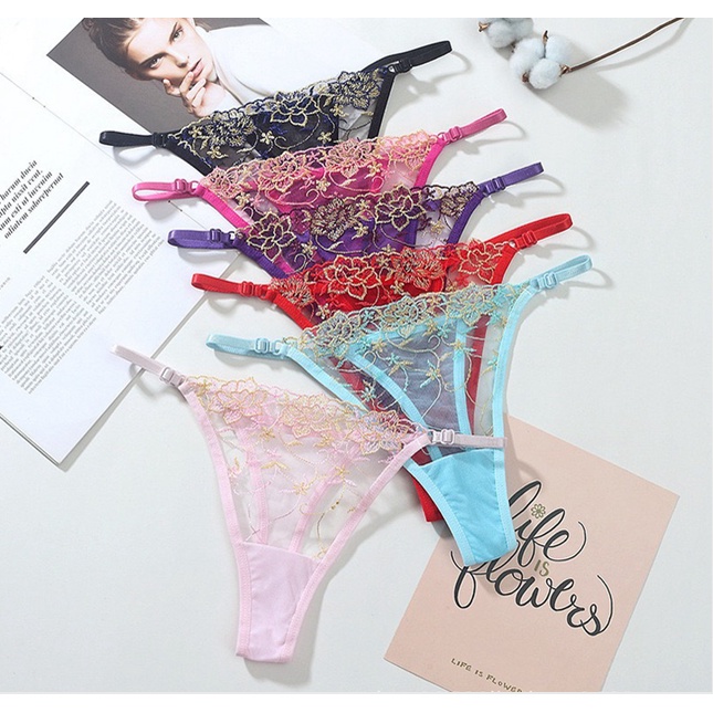 Celana Dalam Sexy Renda transparan G String Wanita Bordir Low Waist Thong ​yg dapat disesuaikan C235