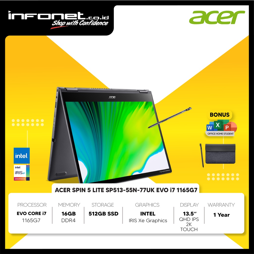 ACER SPIN 5 LITE SP513-55N-77UK EVO i7 1165G7 16GB 512GB SSD INTEL IRIS XE GRAPHICS 13.5" QHD IPS 2K