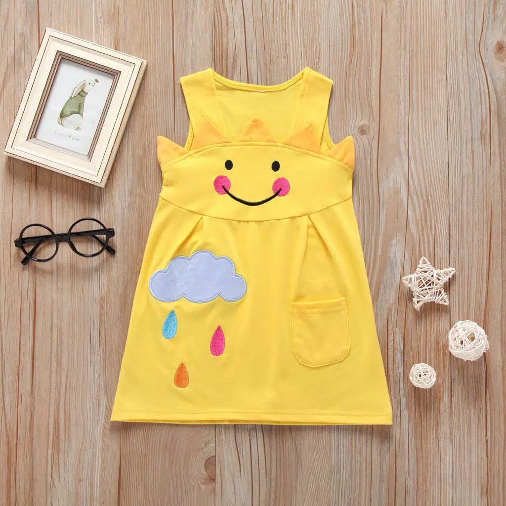 Dress kuning anak impor 2-7th bordir aplikasi impor bunga matahari anak bordir import