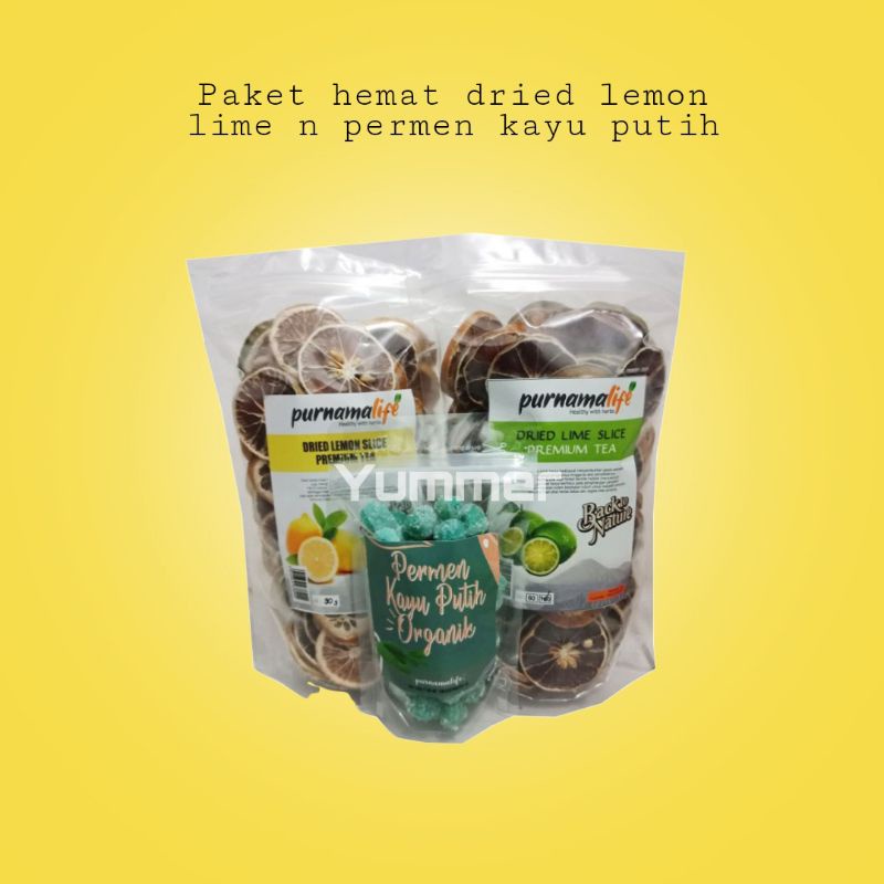 

Paket Hemat jeruk lemon nipis kering dried lemon lime slice premium tea & permen kayu putih
