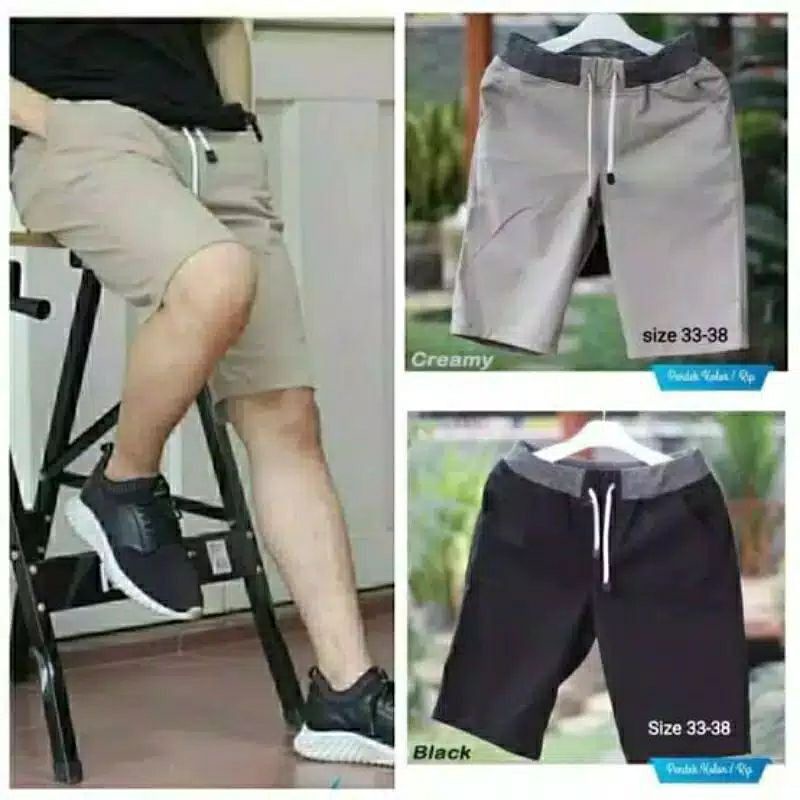 {BIG SIZE}celana chinos pendek pria melar mick pinggang karet rip katun twill kombet melar krem cokllate