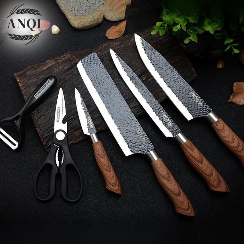 ANQI 1888 Black Marble Knife Set 6pcs / Tajam Pisau Set Pegangan Serat Kayu VS-1848