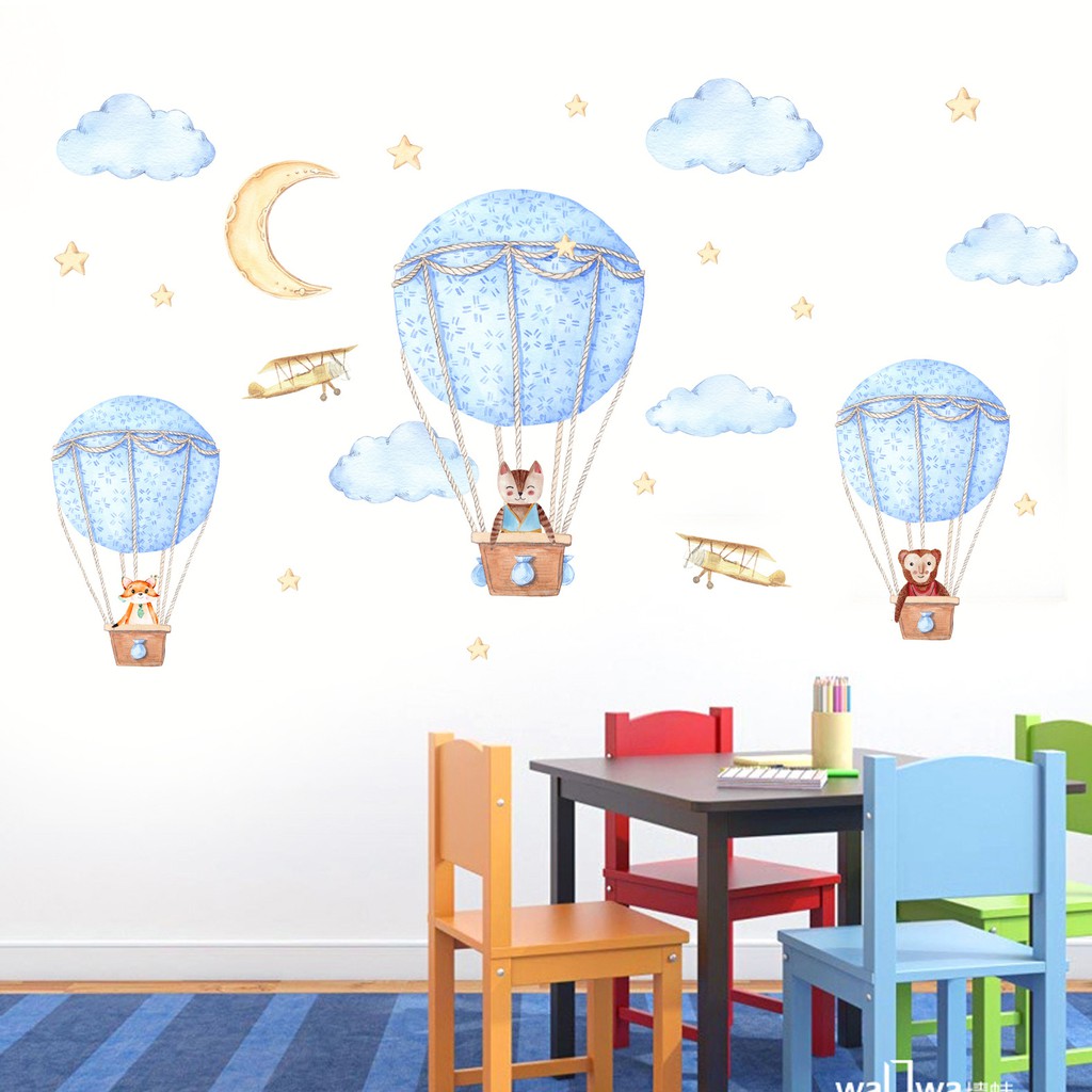 RELIZA WALL STICKER / STIKER DINDING BALON UDARA BIRU AWAN ANAK KIDS ANGKASA BULAN BINTANG JM7343