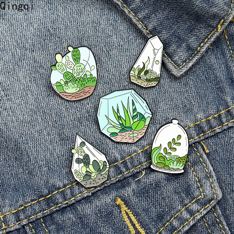 Bros Pin Enamel Desain Kartun Tanaman Kaktus Aloe Hijau Untuk Pakaian