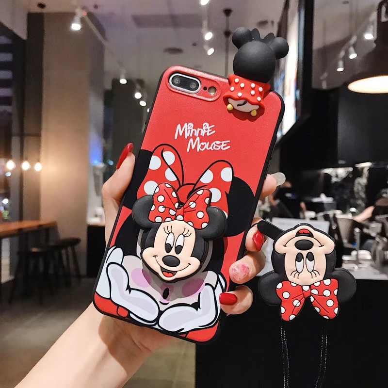 Disney Cartoons Mickey Minnie Soft Case iPhone 11 Pro Max XS XR SE2 i6 7 8 Plus Cartoon bracket lanyard Case