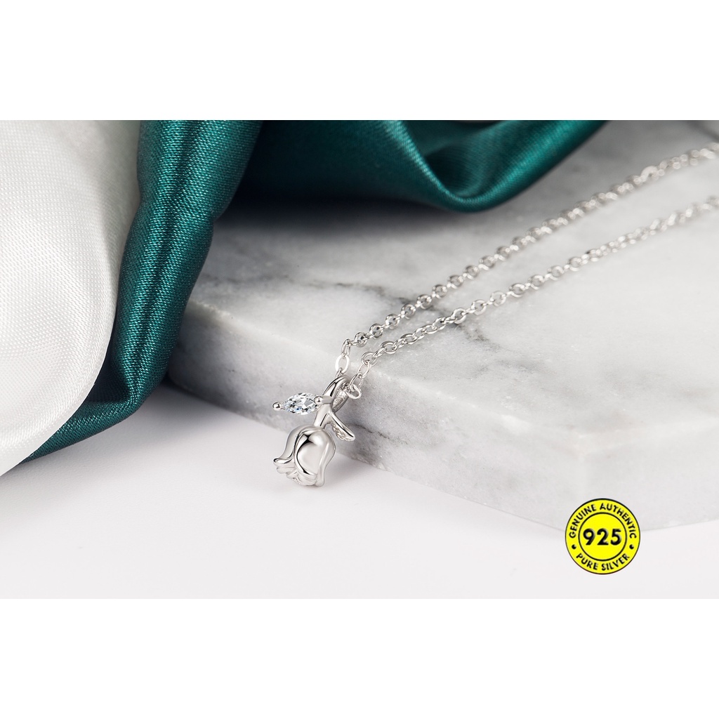 Kalung Rantai Klavikula Desain Mawar Tulip Aksen Berlian Kilau Untuk Wanita