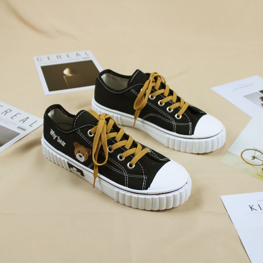 Sepatu Sneakers Korean Style Boyscode Why Bear Pendek Hitam Coklat / Sepatu Korea Kanvas Beruang Black