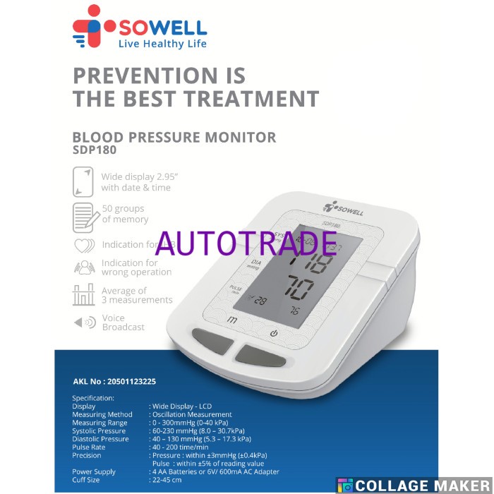 Sowell SDP-180 Alat Ukur Tensi Darah Digital Monitor Pengukur Tekanan Darah Lengan Atas LCD 2.95 Inci