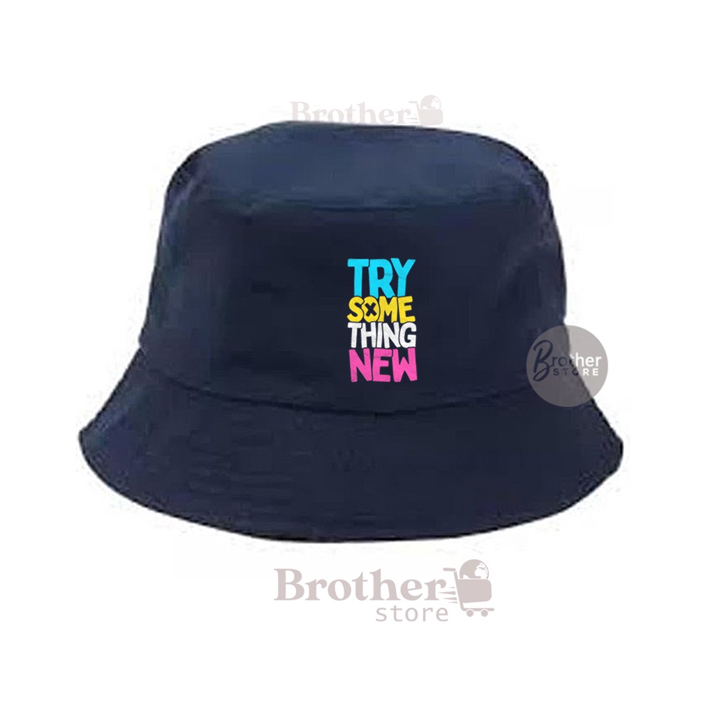 Topi bucket Articlel try some new bucket TEXT print  pria hitam