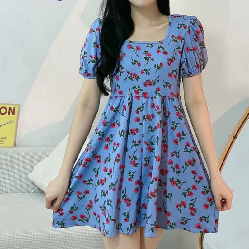 Bohemian Musim Panas Lengan Pendek Dicetak Floral Mini Dresses Wanita A-line Kasual Dress