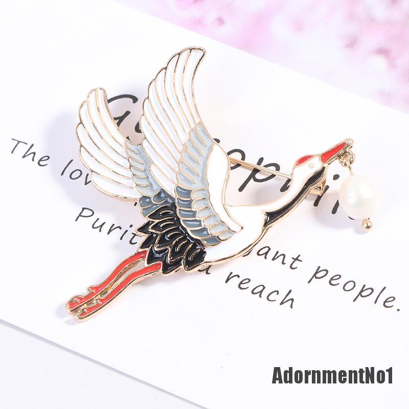 (Adornmentno1) 1pc Bros Pin Enamel Desain Burung Bangau Hias Mutiara Gaya Vintage Untuk Wanita