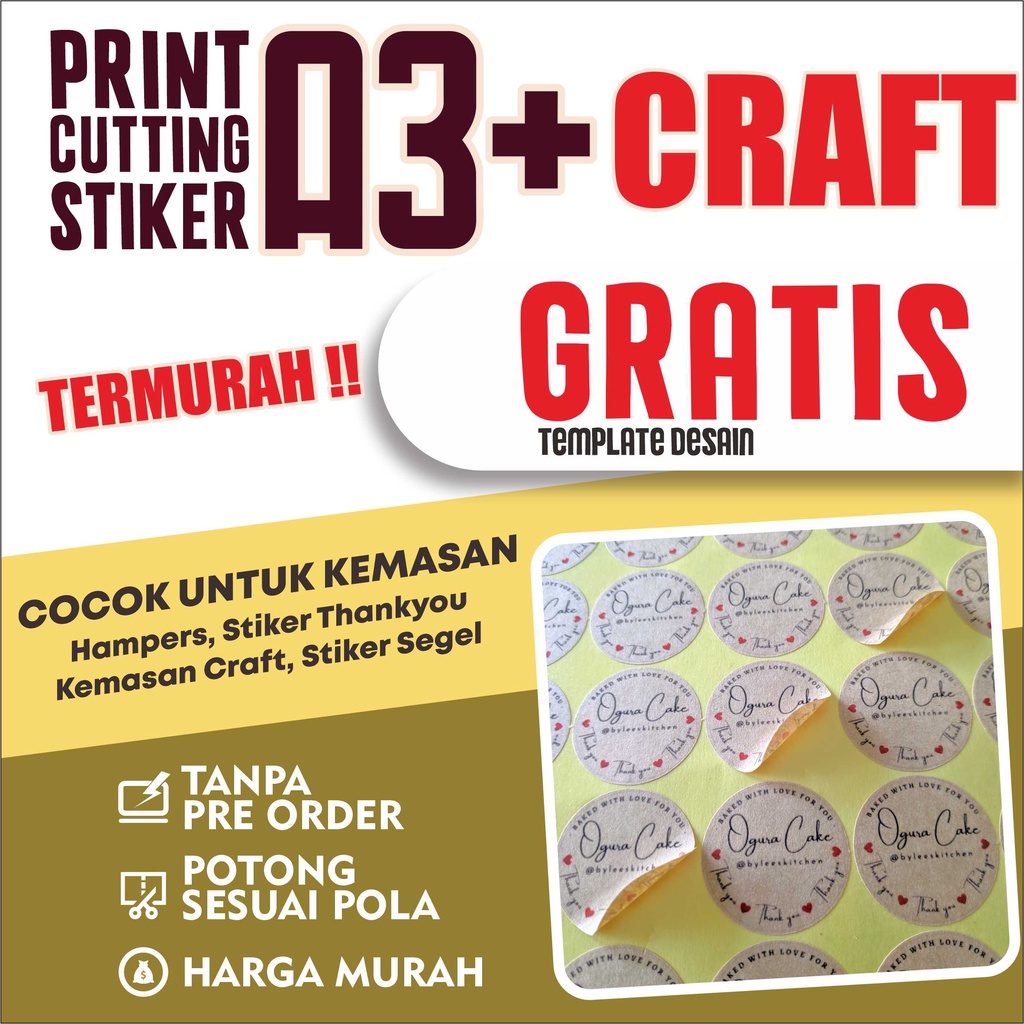 

Cetak Stiker Craft Kraft Kraf A3+ Murah / stiker segel / stiker olshop / stiker makanan / stiker kukis / stiker camilan