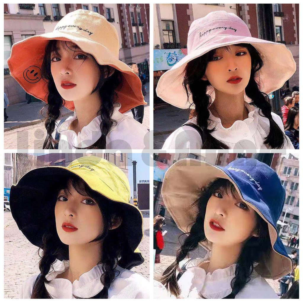 Topi Bucket Fisherman 2 Sisi Gaya Korea Casual untuk Wanita