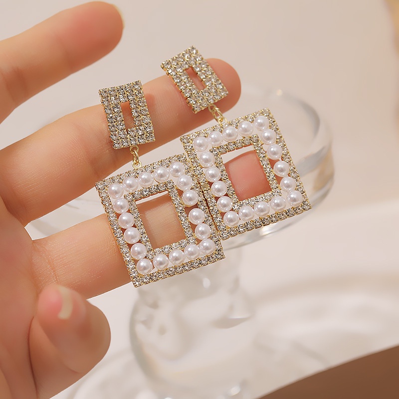 S925 murah hati anting-anting penuh Diamond Pearl rectangular berongga anting-anting-anting-anting y