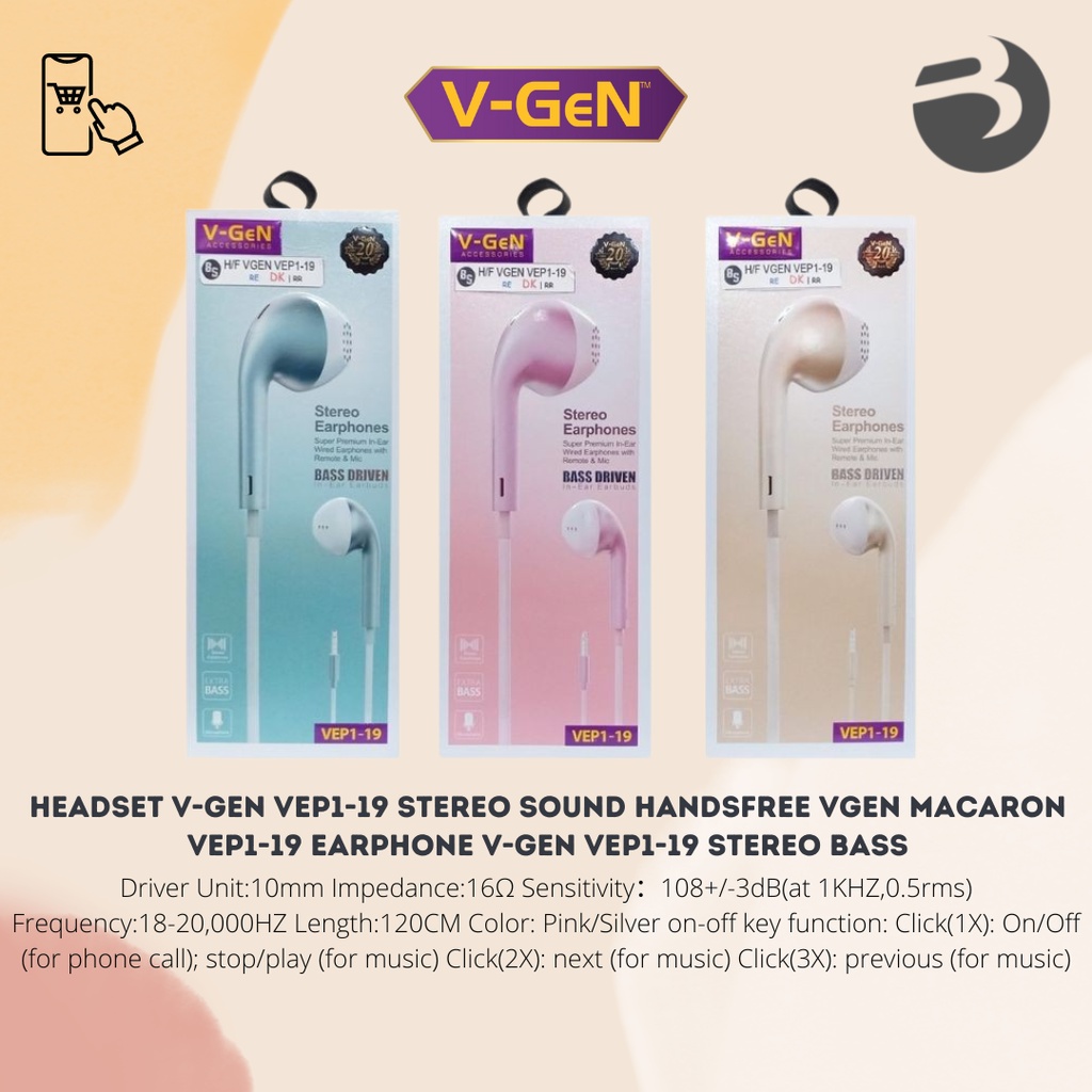 Headset V-GEN VEP1-19 STEREO SOUND Handsfree VGEN MACARON VEP1-19 Earphone V-GEN VEP1-19 STEREO BASS