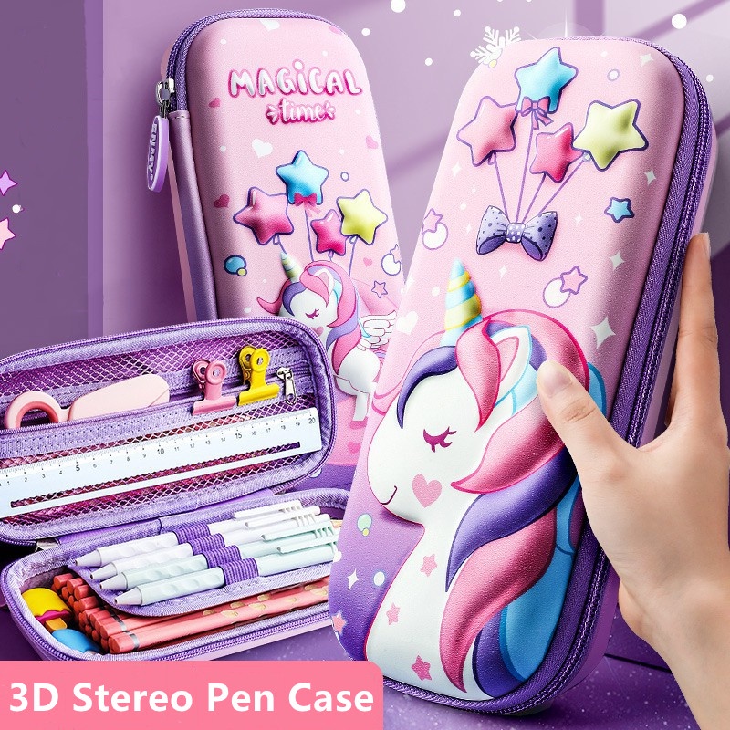 Kotak Pensil Tiga Lapis Motif Unicorn 3D Bahan EVA Kapasitas Besar Untuk Anak Sekolah