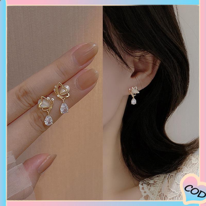 COD❤️ Opal Butterfly Love Water Drop Zircon Stud Earrings Desain Niche Wanita Temperamen Kelas Atas-A.one