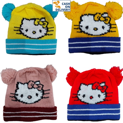 Kupluk Rajut Anak Karakter Hello Kitty Model Pompom Laki Perempuan Usia 6 Bulan-3 Tahun Kualitas Premium