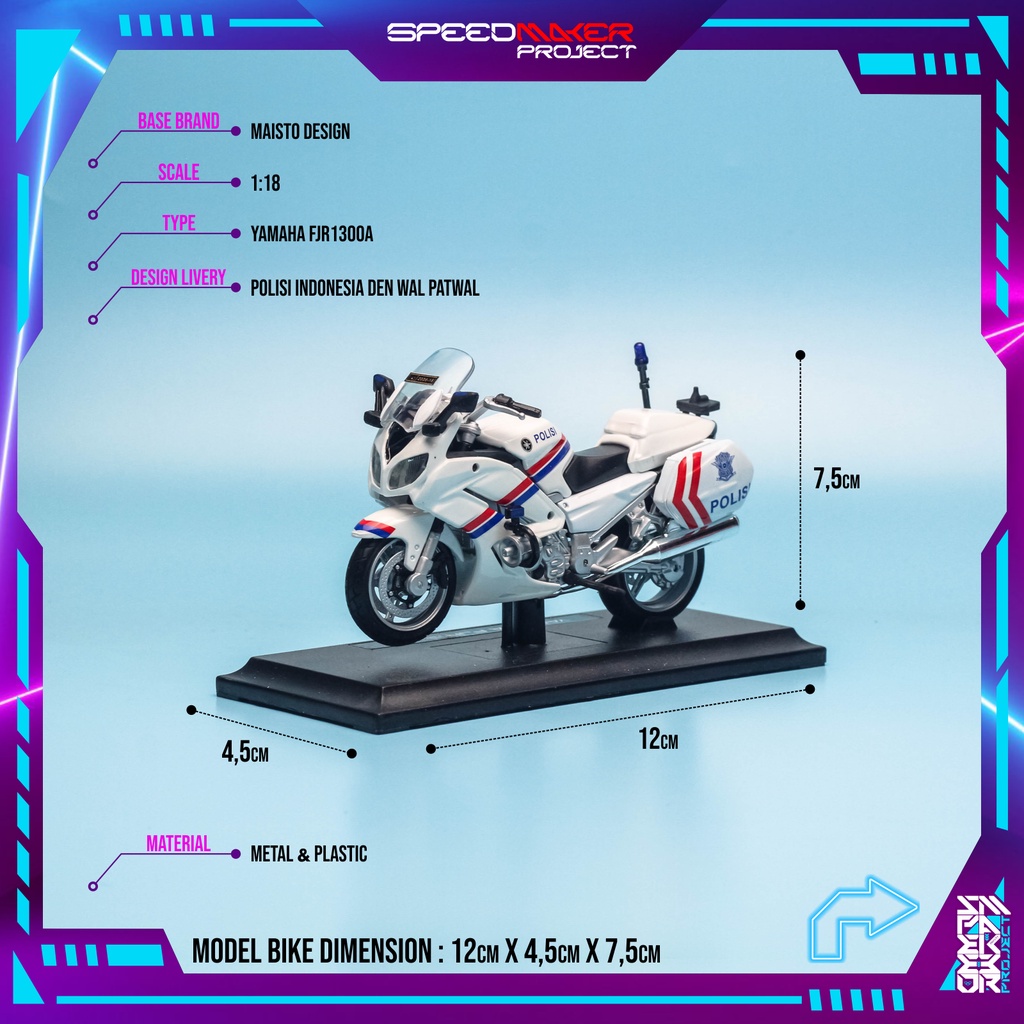 Maisto Custom Yamaha FJR1300A Polisi Indonesia DEN WAL Patwal Diecast Miniatur Replika Motor Bike 1: