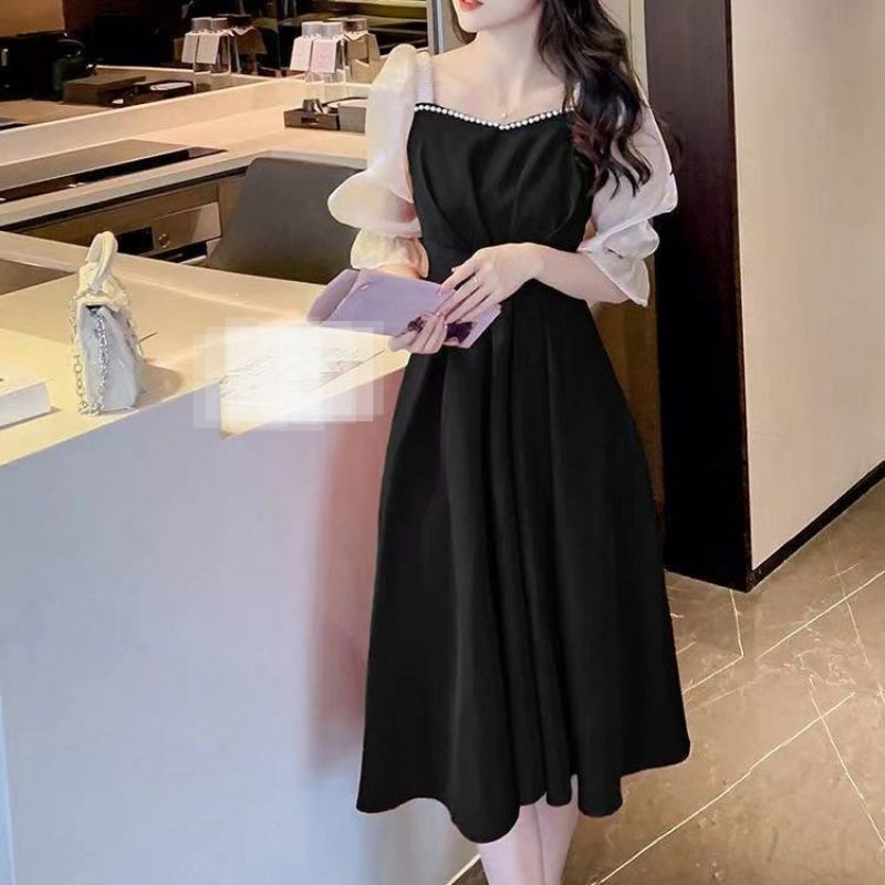 Dress Gaya Korea Leher Persegi Mutiara Ori M131