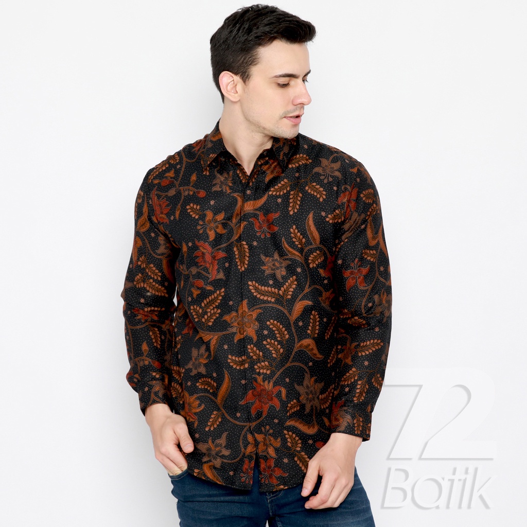 KEMEJA BATIK PRIA Dobby Lengan Panjang Slimfit Slim Fit Warna Hitam Orange Merah 723084 Cap 72 - Baju Kemeja Atasan Pakaian Setelan Batik Pria Cowok Laki Laki Remaja Keluarga Kantor Lengan Panjang Modern Slimfit Slim Fit Premium Kekinian