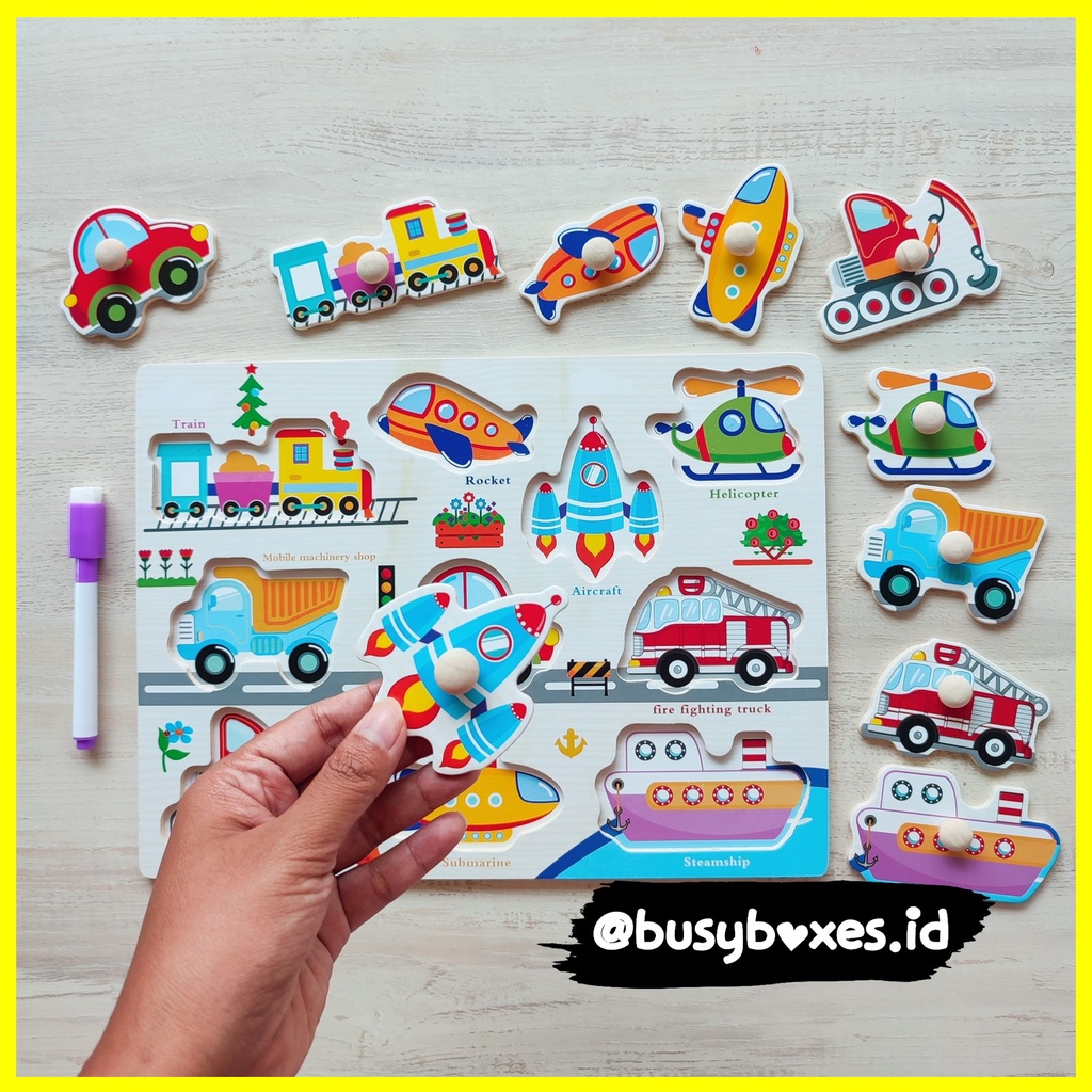 [busyboxes.id] Mainan Edukasi anak 3 tahun Wipe and Clean puzzle kayu spidol wipe and clean - transportasi