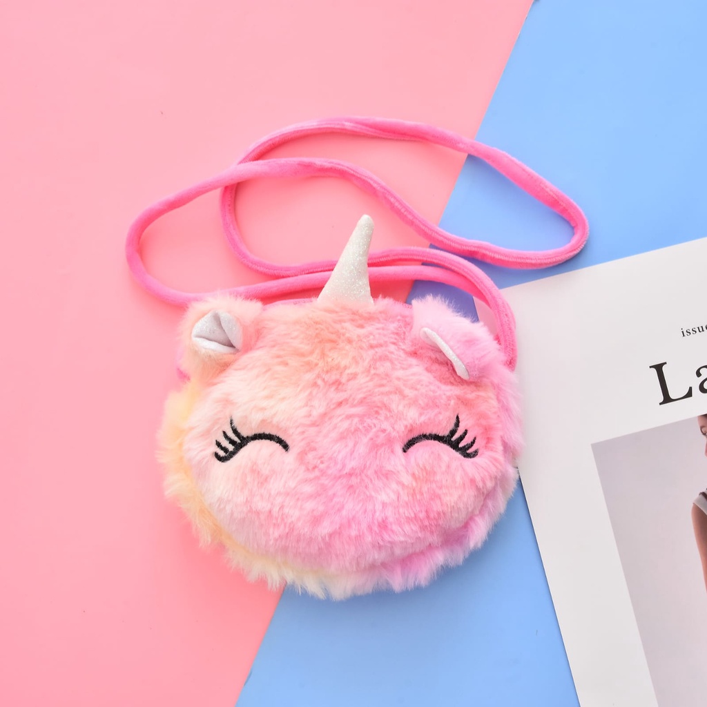 TAS SELEMPANG ANAK MODEL UNICORN BULU