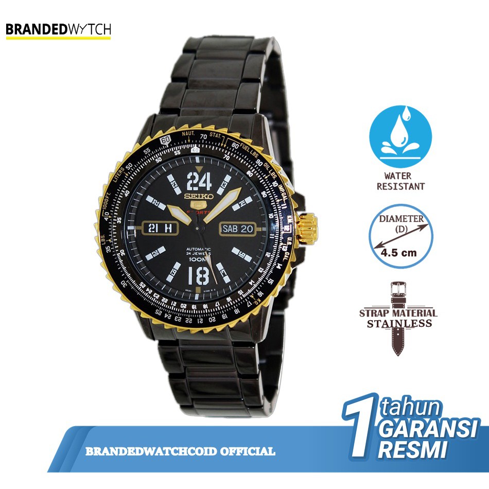 Jam Tangan Pria Seiko Sports SRP356K1 Automatic Black Gold Dial Black Original/ SEIKO SRP356K1
