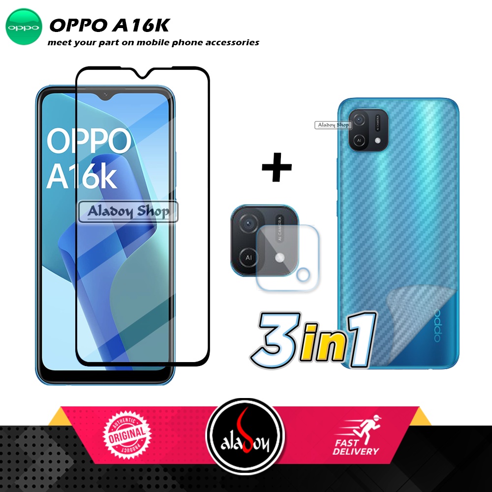 PAKET 3 IN 1 Tempered Glass Layar Oppo A16K Free Tempered Glass Camera dan Skin Carbon