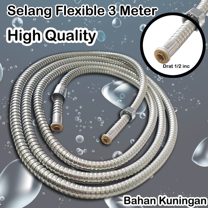 Selang Fleksibel Hand Shower 3 Meter Bahan Kuningan Warna Chrome, Diameter Drat 1/2 Inci