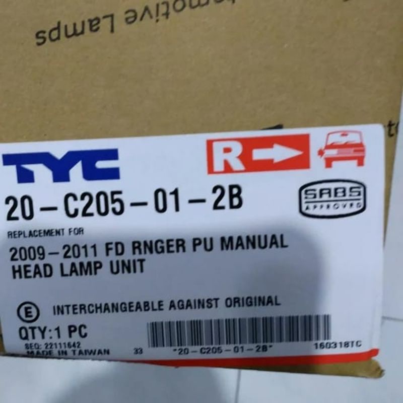 head lamp lampu depan ford ranger 2009-2011 tyc asli